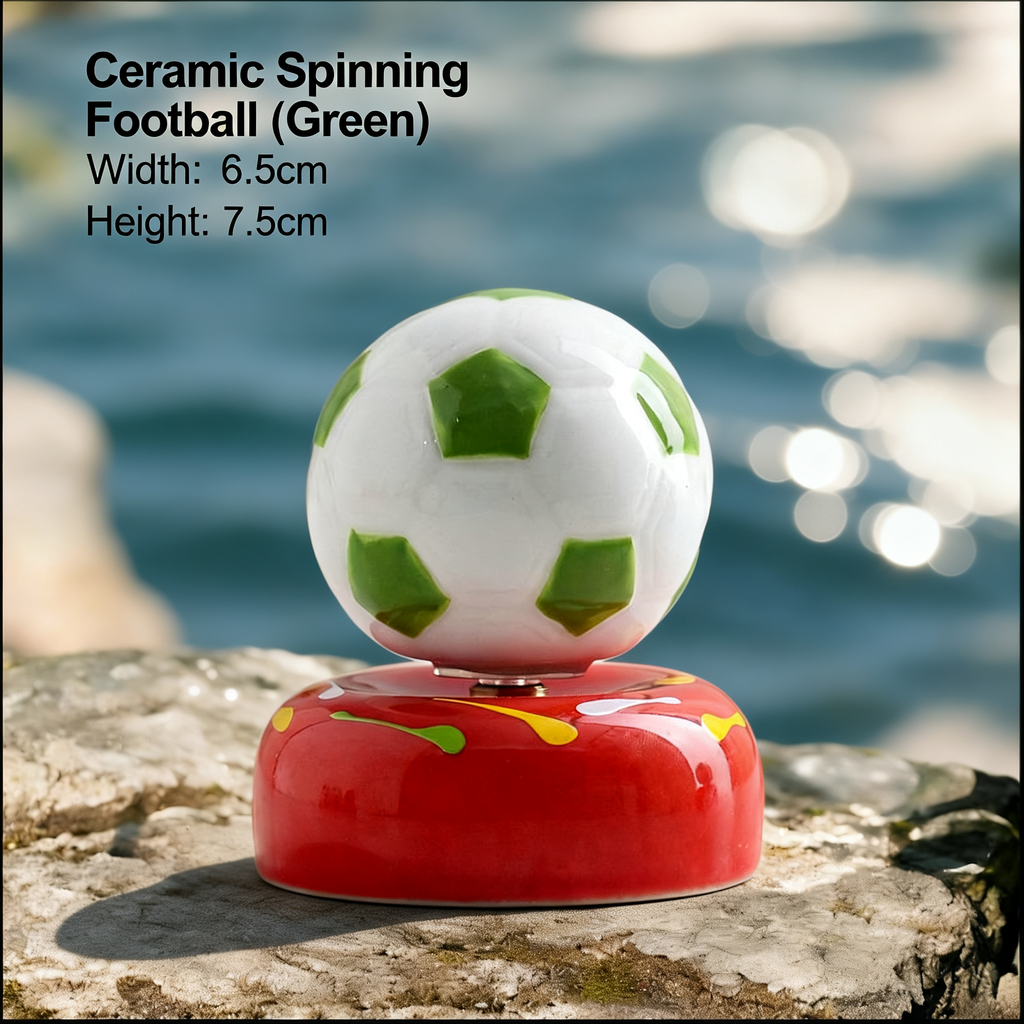 Ceramic Rotating Soccer Ball Figurine – Green & White Spinning Football Desk Toy on Red Base