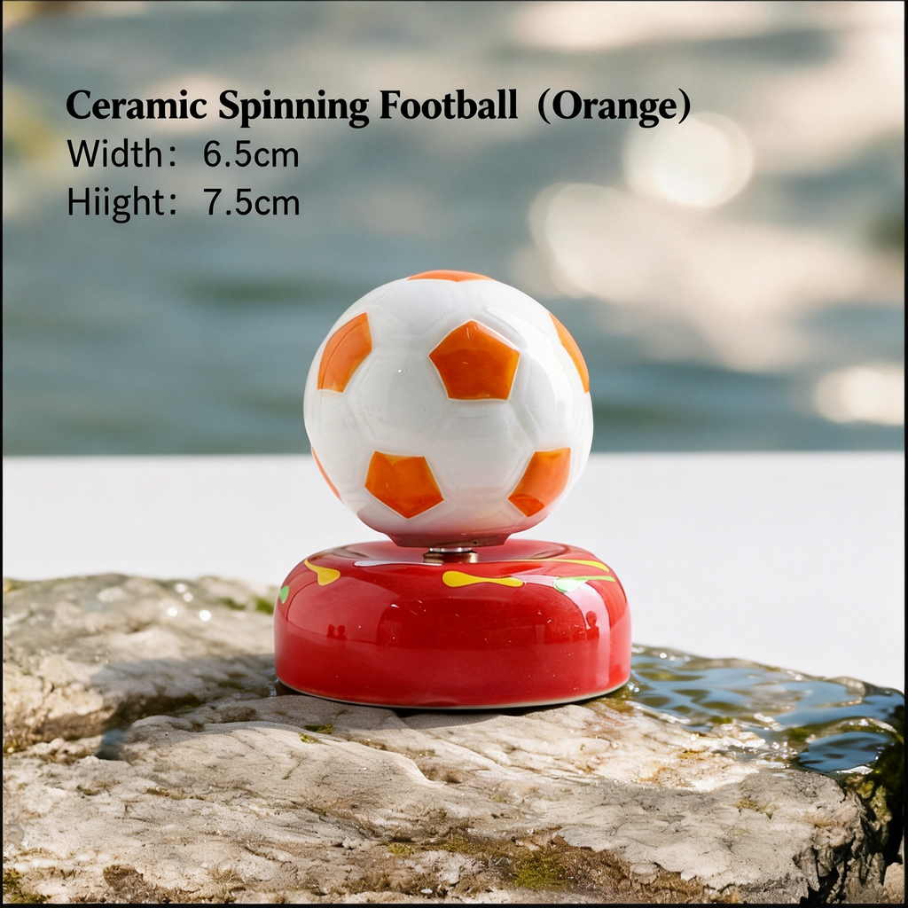 Ceramic Rotating Soccer Ball Figurine – Orange & White Spinning Football Desk Toy on Red Base