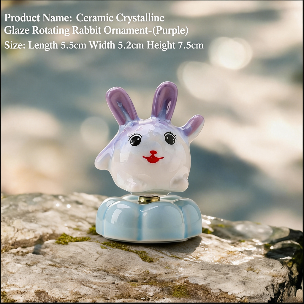 Ceramic Rotating Rabbit Figurine – Cute Purple Bunny with Red Nose on Light Blue Lotus Base