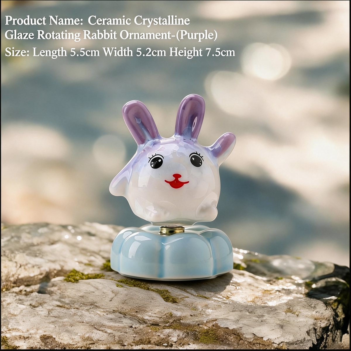 Ceramic Rotating Rabbit Figurine – Cute Purple Bunny with Red Nose on Light Blue Lotus Base