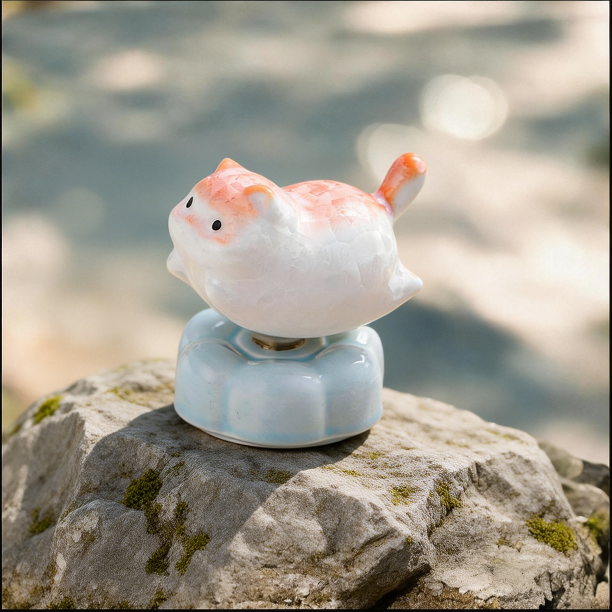 Ceramic Rotating Flying Pig Figurine – Cute Orange & White Piggy Desk Toy on Light Blue Lotus Base