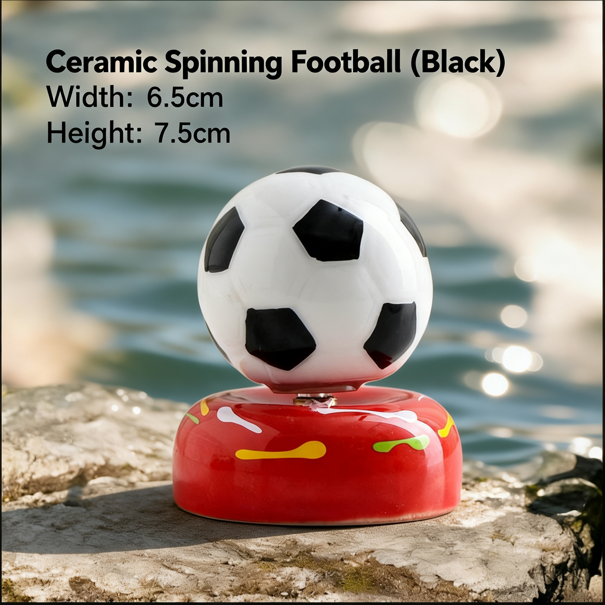 Ceramic Rotating Soccer Ball Figurine – Classic Black & White Spinning Football Desk Toy on Red Base
