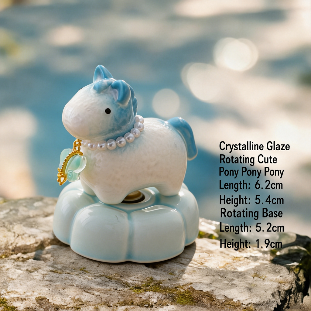 Crystal Glaze Rotating Horse Figurine – Cute Ceramic Pony with Blue Mane, Pearl Collar & Light Blue Lotus Base