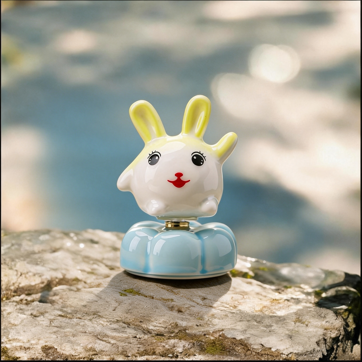 Ceramic Rotating Rabbit Figurine – Cute Yellow Bunny with Red Nose on Light Blue Lotus Base