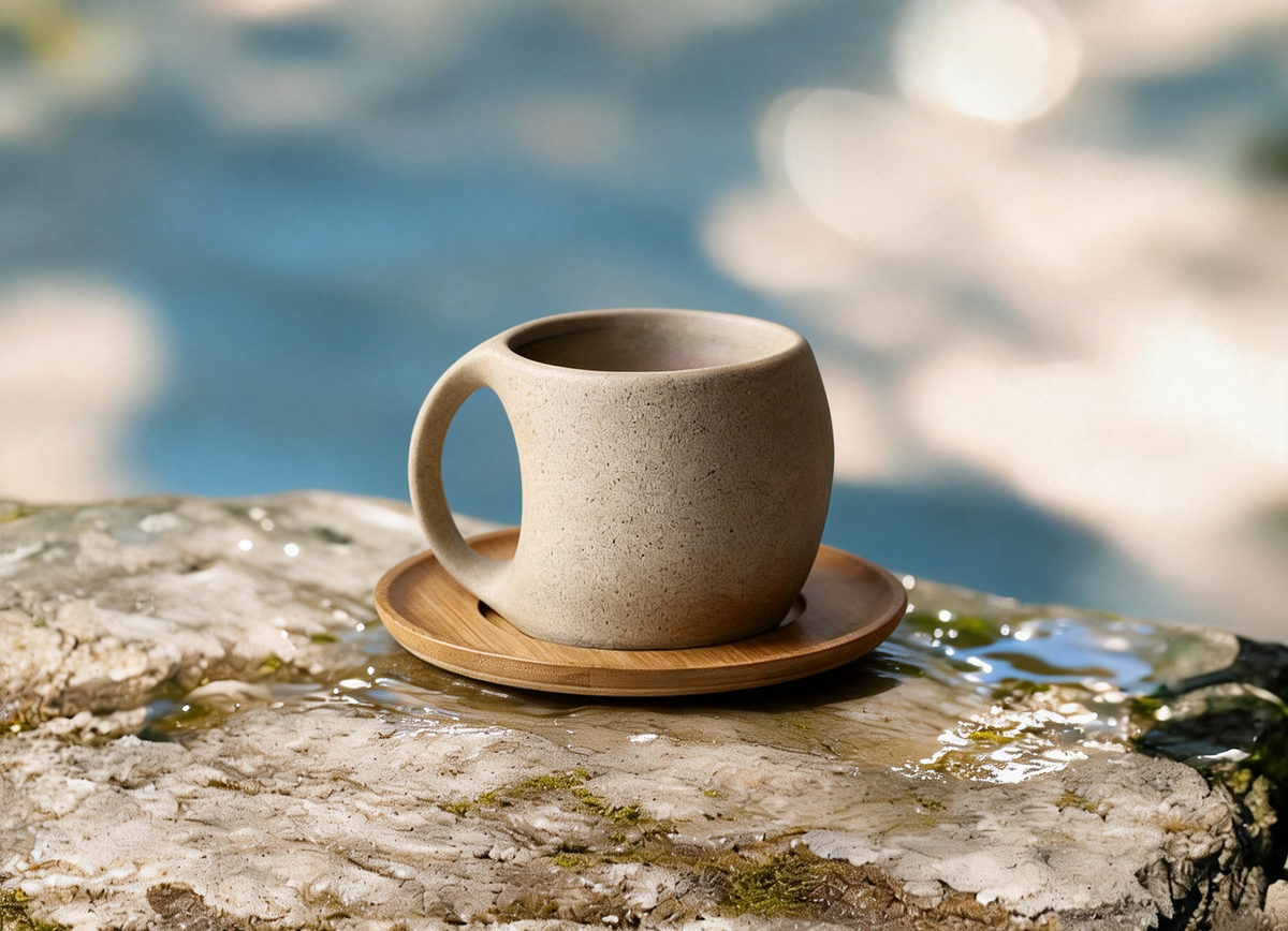Black Ceramic Coffee Mug with Wooden Saucer | 7oz/12.3oz, Microwave & Dishwasher Safe