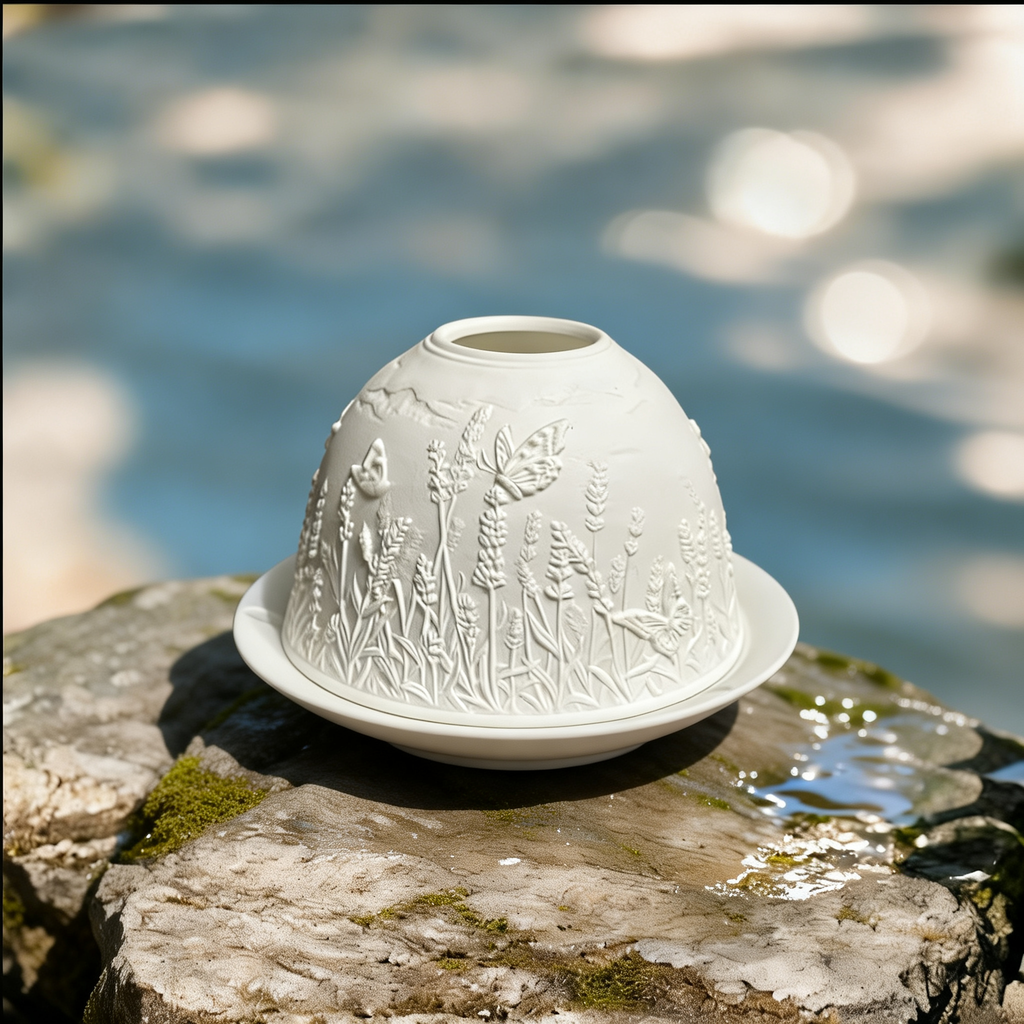 Porcelain Dome Tealight Holder Set | Lavender & Butterfly Design with 3D Projection
