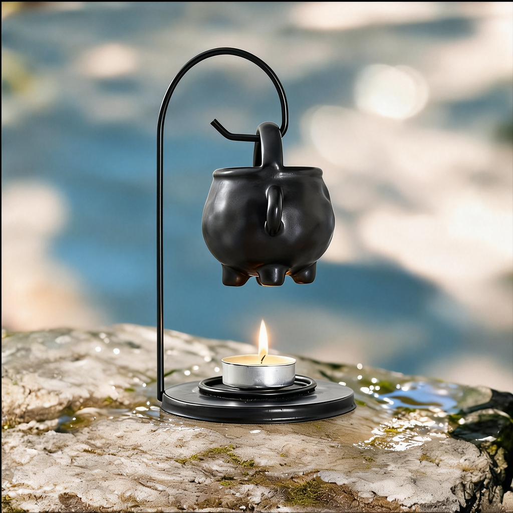 Black Ceramic Essential Oil Lamp | Hanging Pot Candle Heater & Decorative Warm Night Light
