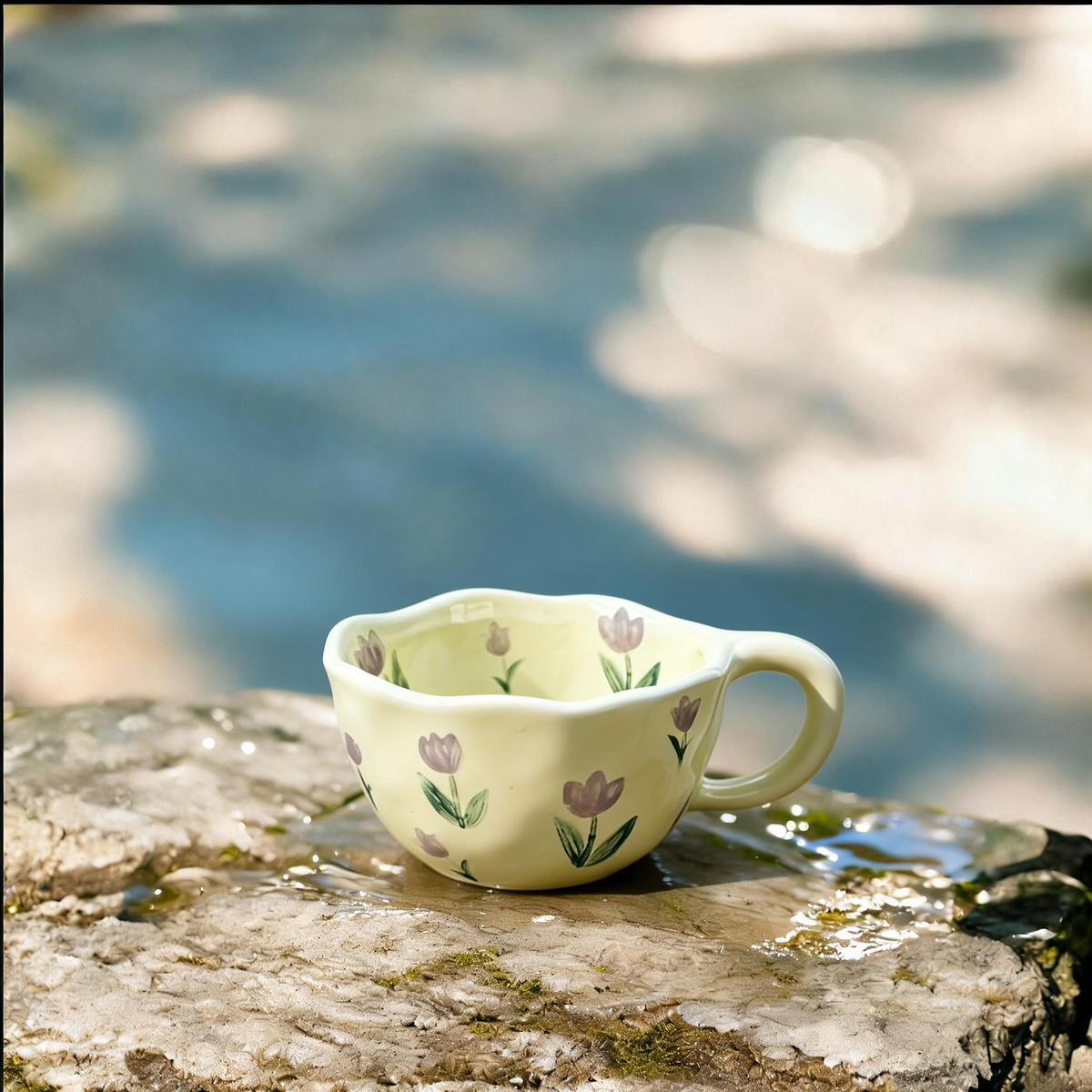 Hand-Pinched Irregular Flower Ceramic Cup | Korean-Style Oatmeal Breakfast Mug
