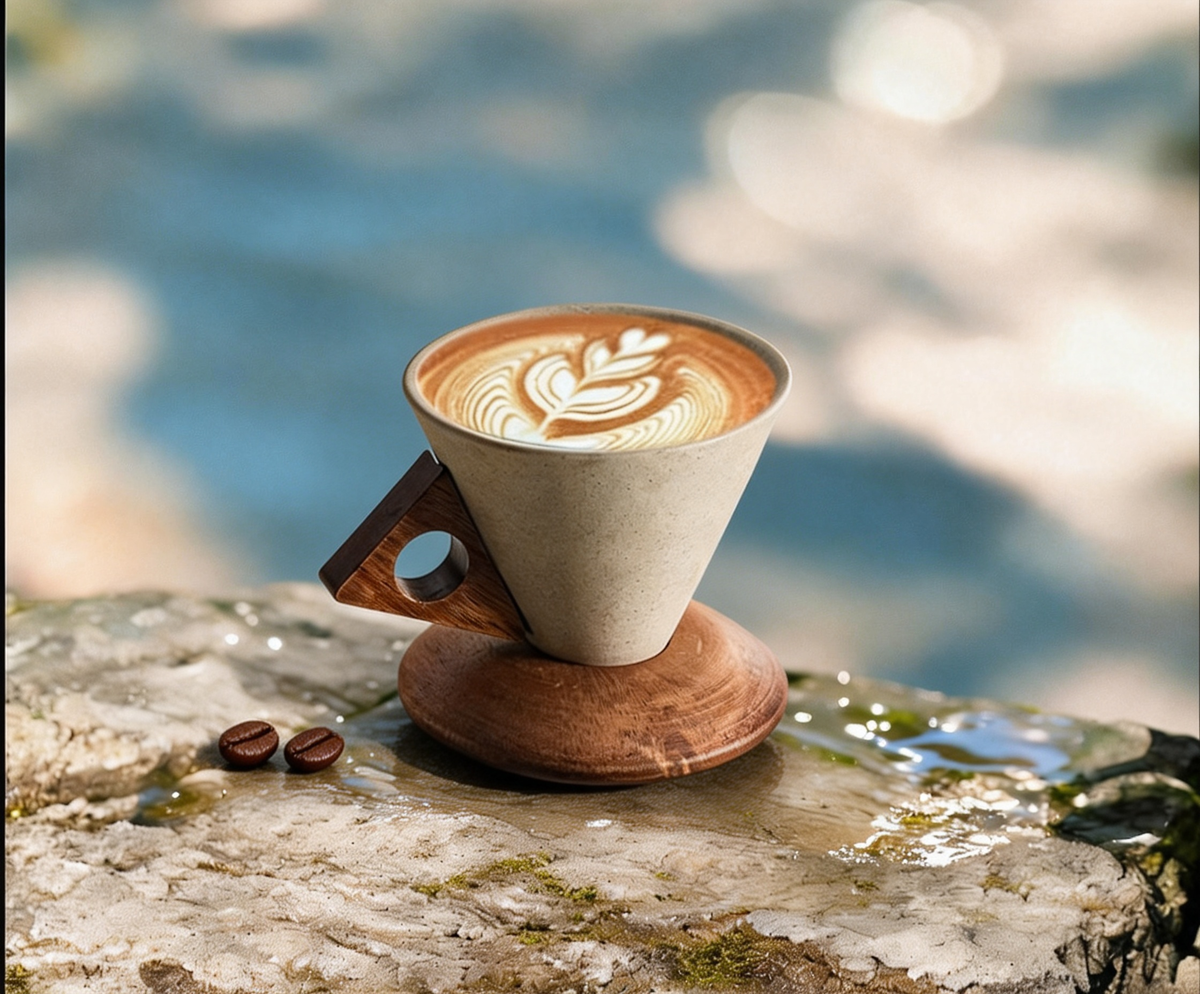 Handcrafted Ceramic Latte Cup with Wooden Handle & Coaster | 100ml/250ml Wide-Mouth Coffee Mug