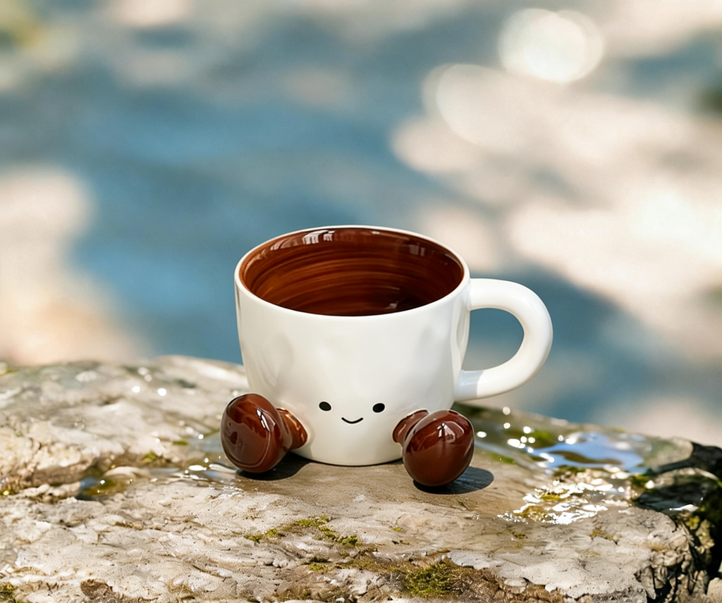 Cute Caramel-Colored Ceramic Cup – Light Luxury Coffee Mug with Cartoon Underglaze Design