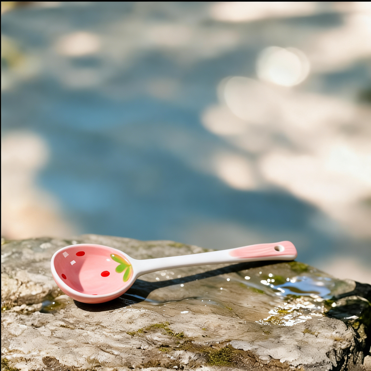 Kawaii Strawberry Ceramic Soup Spoon | Cute Korean Dessert Spoon with Long Handle